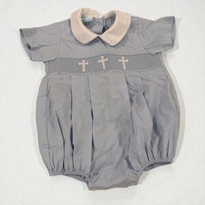 Petit Bebe Baby Boy Smocked Bubble Outfit Light Blue Crosses 12M EUC